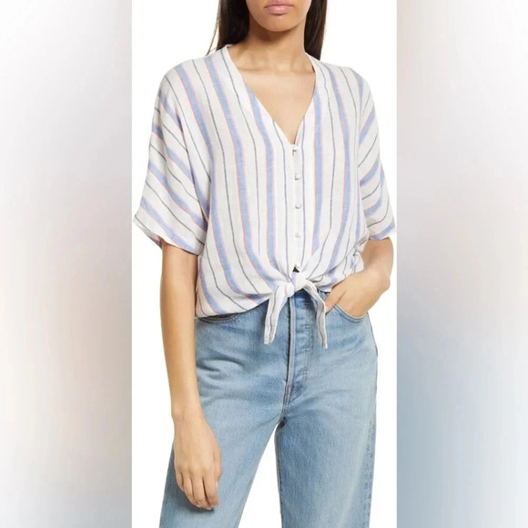 Rails Blouse White Linen Blue Pink Thea Tahiti Stripe Tie-Front size  XXL - Picture 1 of 7
